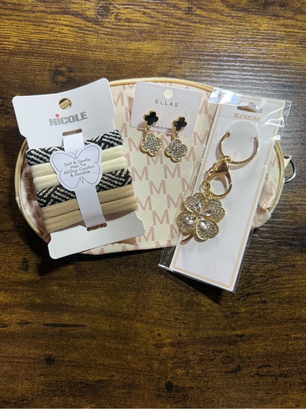 Gold Blossom Keychain & Neutral Hair Tie Set with Floral Earrings